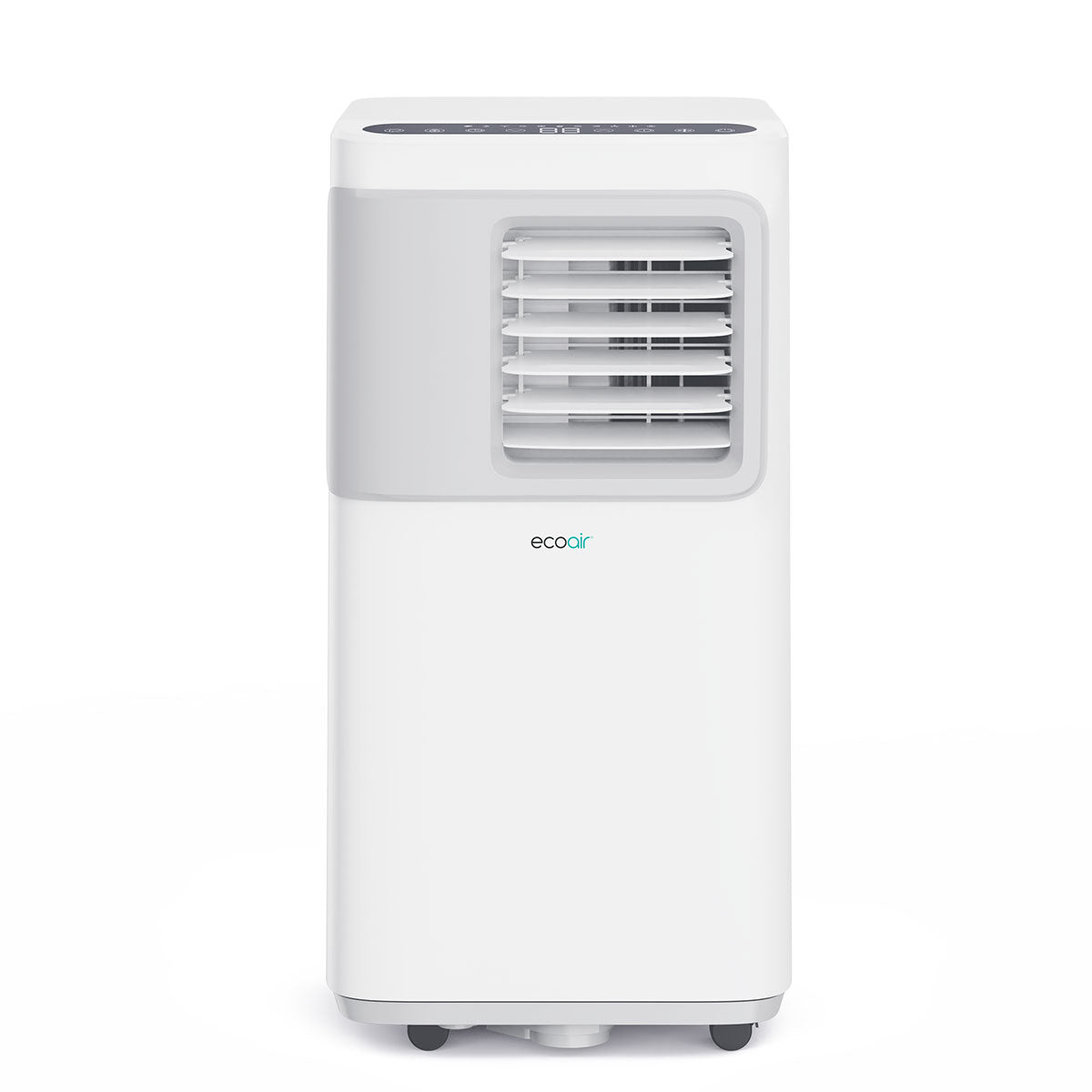 A white portable air conditioner with a gray front grille and the EcoAir logo, shown on a clean white background.