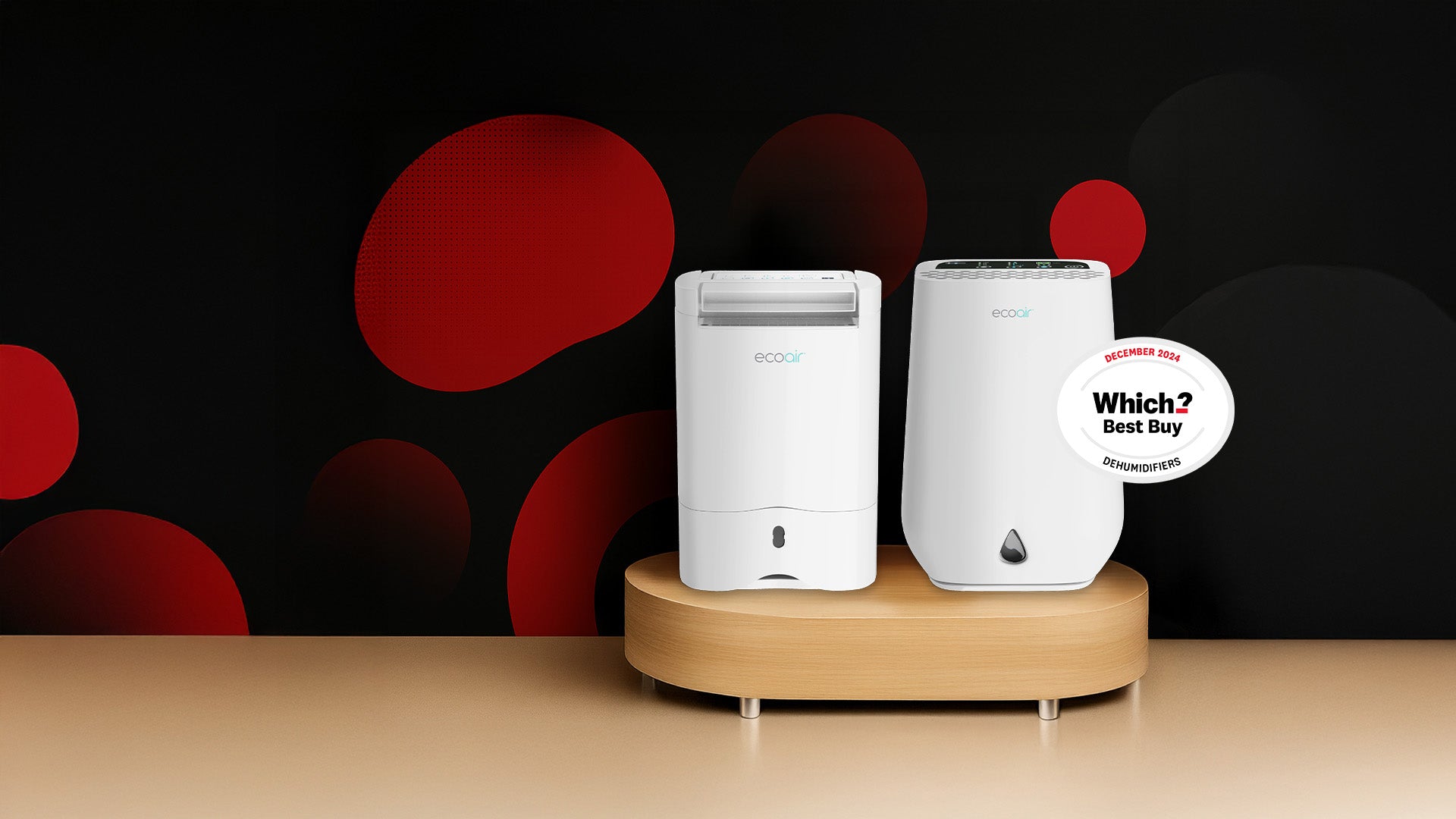 Two white electronic devices on a wooden stand with a black background featuring red circles and a 'Which?' Best Buy label.