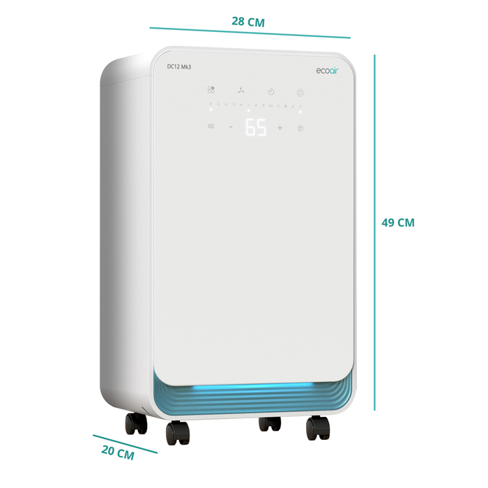 EcoAir DC12 MK3 Dehumidifier 12L/Day 24H Timer Continuous Drainage Digital Hygrometer Display Laundry Drying 2L Water Tank