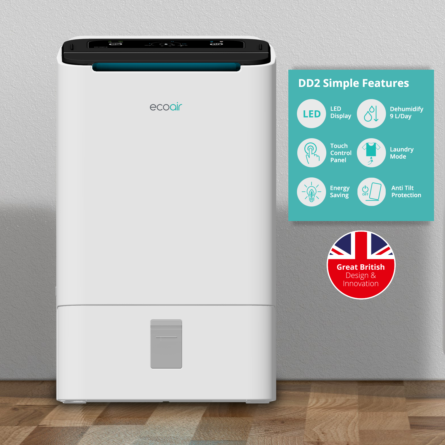 EcoAir DD2 Simple Electronic Control LED Display Energy Saving Antibacterial Filter 9L Desiccant Dehumidifier Front View Features